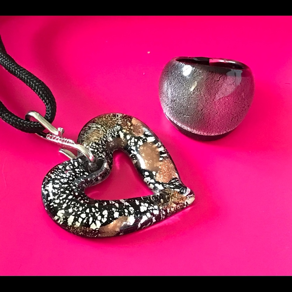 Black/Silver/Gold Blown Glass Heart Pendant & Ring